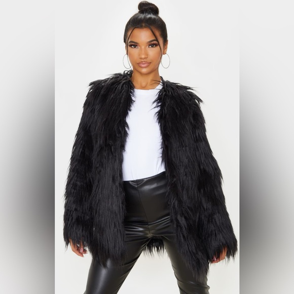 Pretty Little Thing Amaria Black Shaggy Faux Fur Jacket Size UK 8 - Picture 8 of 9